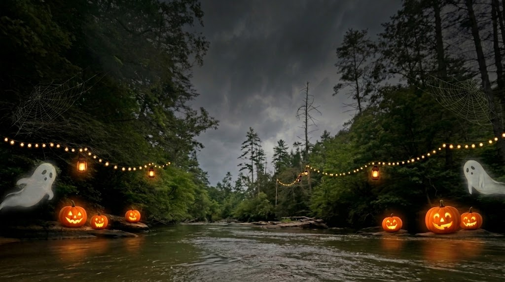 a photo of the Etowah River with jack o laterns, ghosts, and spooky clouds superimposed on it.