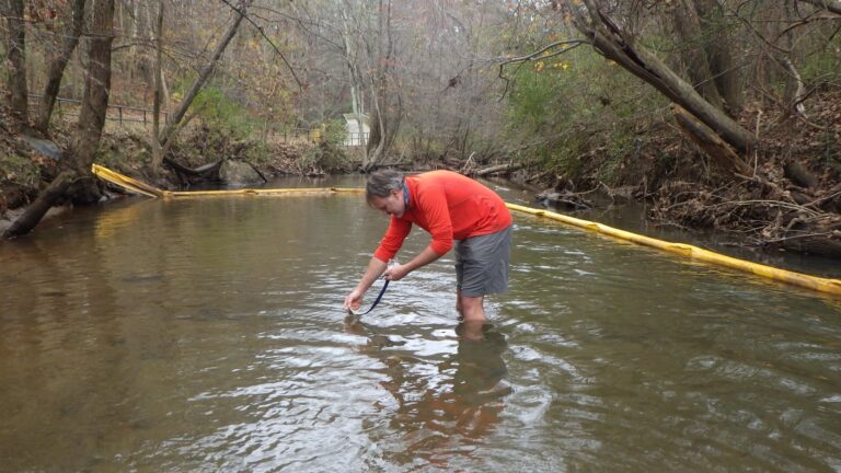Volunteer testing water in stream by yellow floating debris boom.
