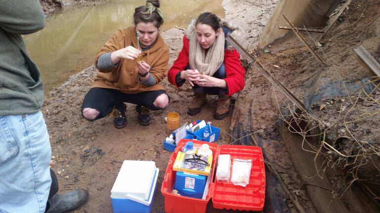 two young women testing water quality on a creek using a testing kit.