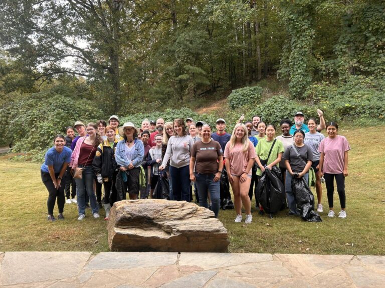 Volunteers gathered at Old Rope Mill Park before starting trash pick up along the Little River.