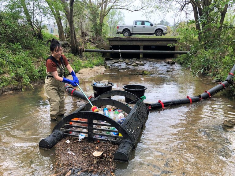Volunteer collecting garbage trapped in a trash weir floating in a stream