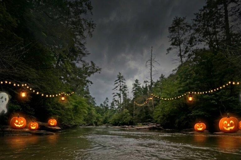 a photo of the Etowah River with jack o laterns, ghosts, and spooky clouds superimposed on it.