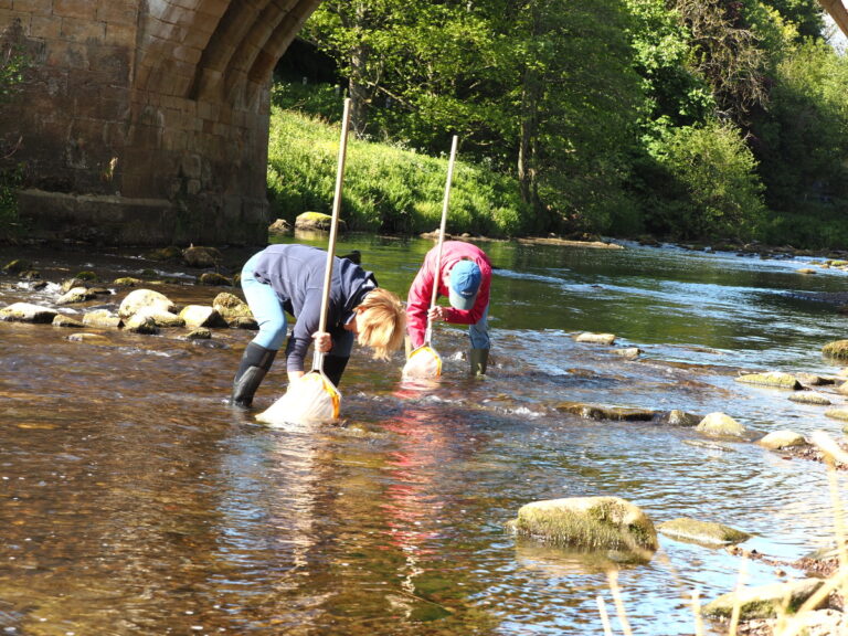 Two volunteers testing water and taking samples from a creek.