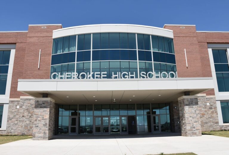 Photo of the entrance to the new (2026) Cherokee High School in Canton, GA
