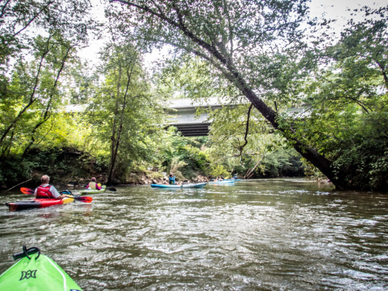a group of kayakers on the Etowah River. Photo from https://www.randomconnections.com/chasing-gold-on-the-etowah-river/