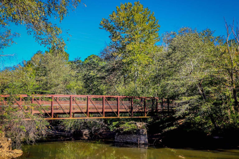 Photo of the pedestrian bridge at Old Rope Mill Park spanning the Little River.